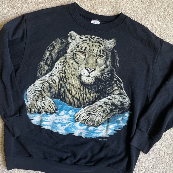 Vintage 1990s Leopard Graphic AOP Black Graphic Crewneck Sweater Made in USA - Picture 2 of 6